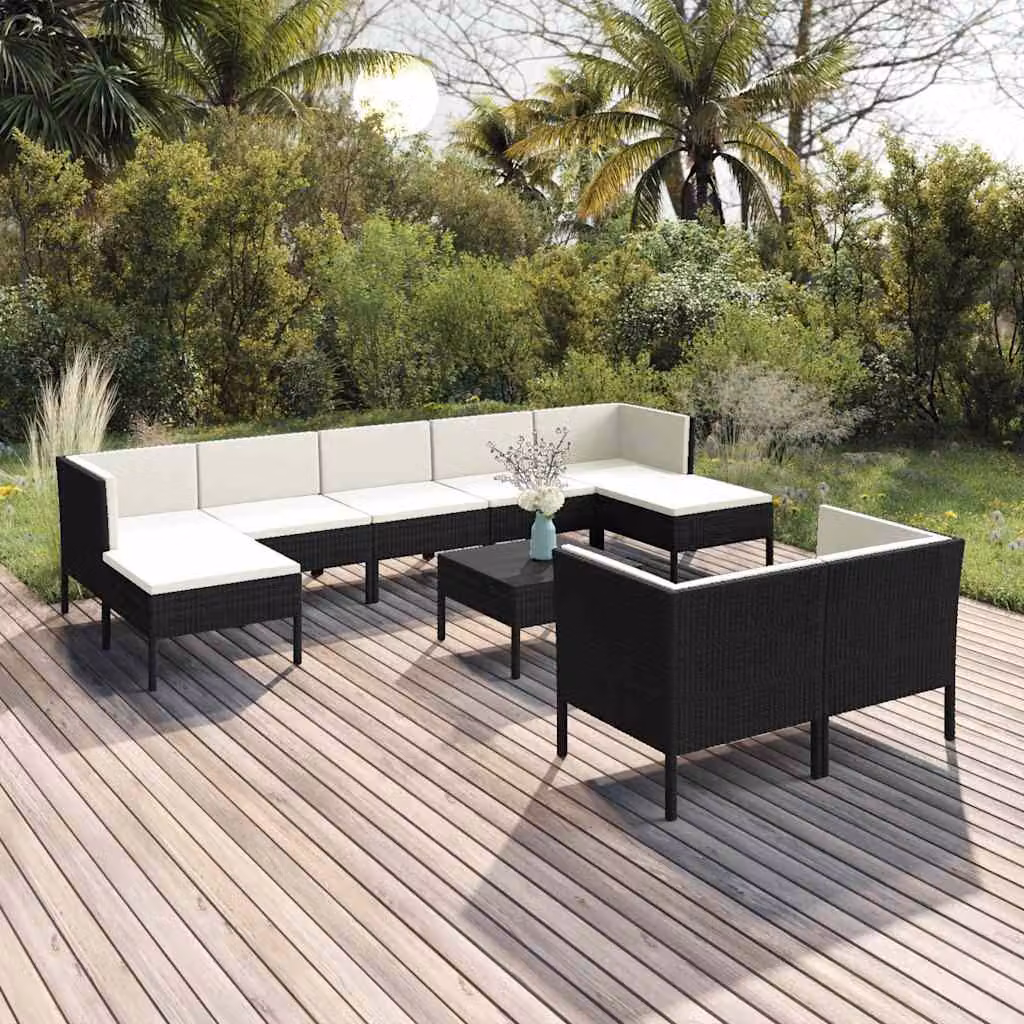 Set Divani da Giardino vidaXL 10 Pezzi in Polyrattan con Cuscini e Tavolino da Esterno, Design Moderno a Forma di U, Colore Nero e Bianco
