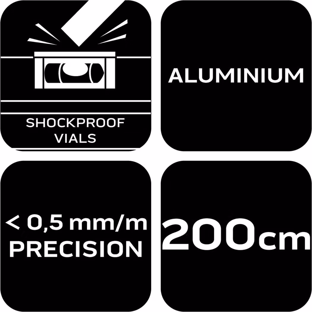 NEO TOOLS livella in alluminio, 0,5 mm/m 40, 60, 80, 100, 120, 150, 200 cm livella con attacco antiurto - 200 cm