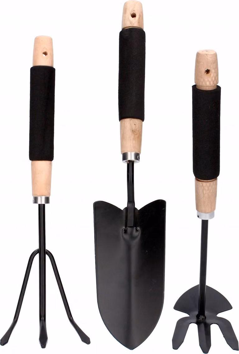 Attrezzi Da Giardino, Set Da 3 Pezzi: Pala, Rasco, Forca Da Letame In Metallo.
