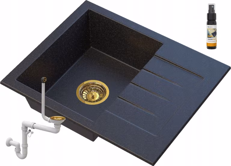 Granitan - Lavello in granito - Lavandino 57,4x46,4 cm - Lavello cucina nero - con sifone - MILANO
