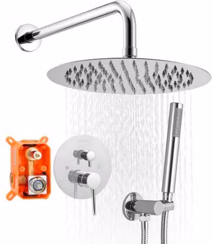 VEVOR Sistema Doccia a Pioggia con Soffione Tondo da 24,5 cm e Doccetta, Set di Rubinetti da Parete in Ottone e Acciaio Inox, Argento Cromato
