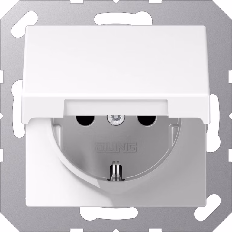 Presa Jung SCHUKO, 16 A 250 V ~, coperchio ribaltabile, termoplastica, serie A, bianco alpino, 1 pz.