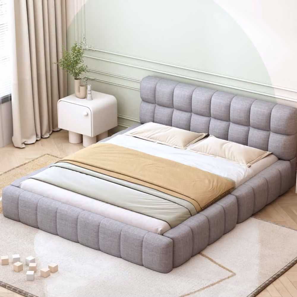 Letto imbottito AIORBER, 140 x 200 cm, con materasso incorporato, con schienale morbido, lino, rete a doghe, piacevole al tatto, grigio