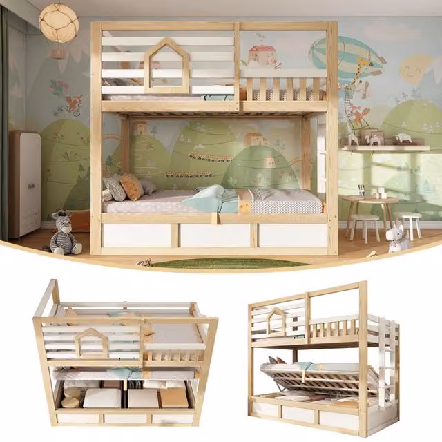 Letto a castello idraulico di 90x200 cm realizzato in rovere e legno bianco