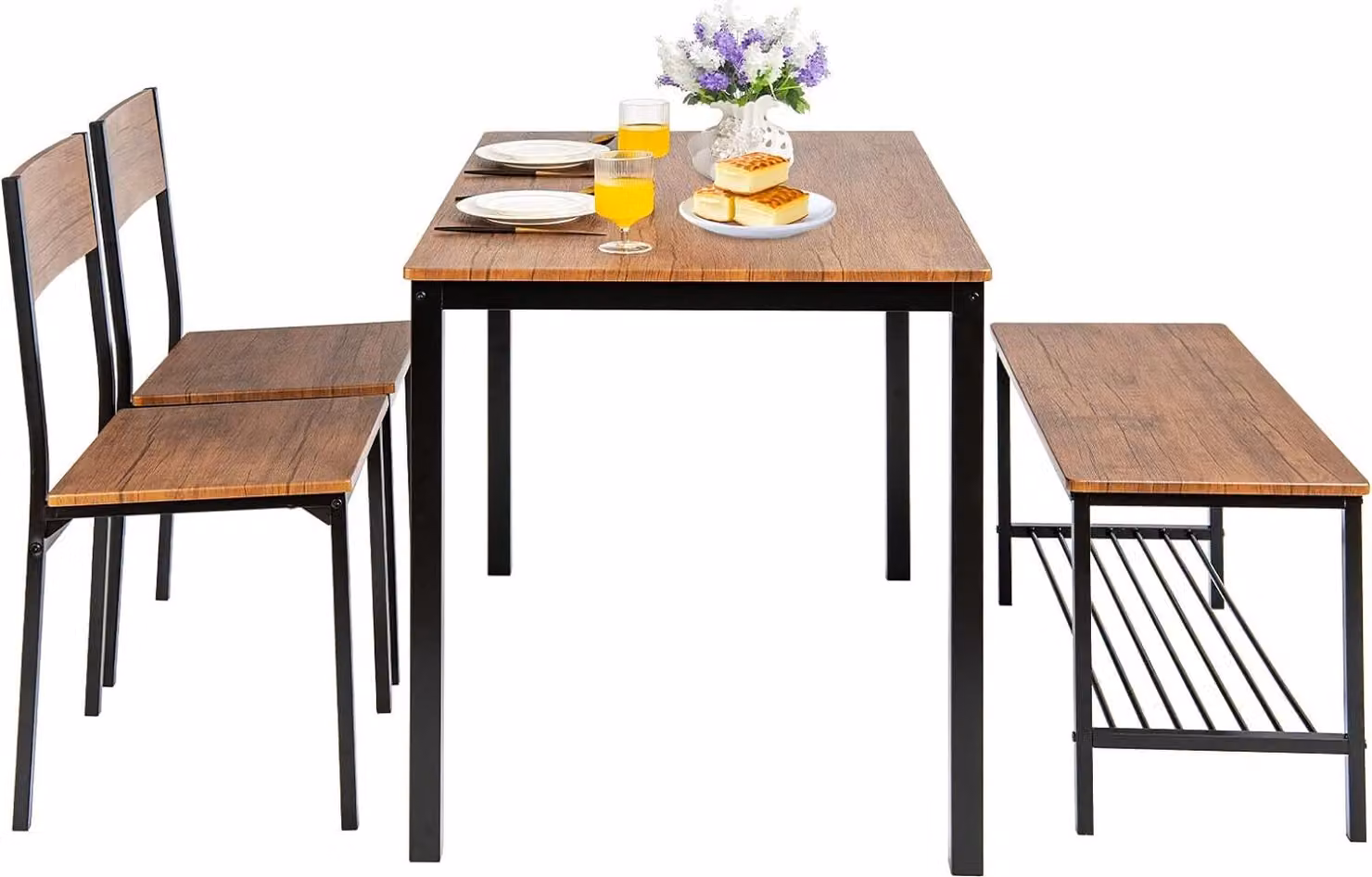 COSTWAY tavolo da pranzo 4 pezzi, tavolo da cucina con 2 sedie e 1 panca e ripiano, set da pranzo industriale, tavolo da sala da pranzo con struttura in metallo, set di tavoli da bar per cucina e sala da pranzo (marrone)