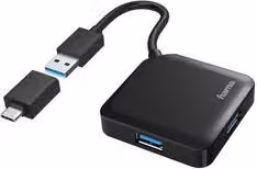 HAMA Hub USB 3.2 da tavolo con 4 porte e adattatore Type C, nero