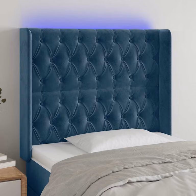 Testiera per letto vidaXL in velluto blu con illuminazione LED e porta di ricarica USB, L 103 cm, P 16 cm, H 118-128 cm