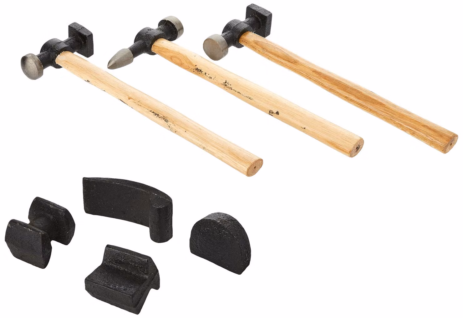 Set di utensili da banco composto da 7 pezzi, con manici in legno e testa in acciaio