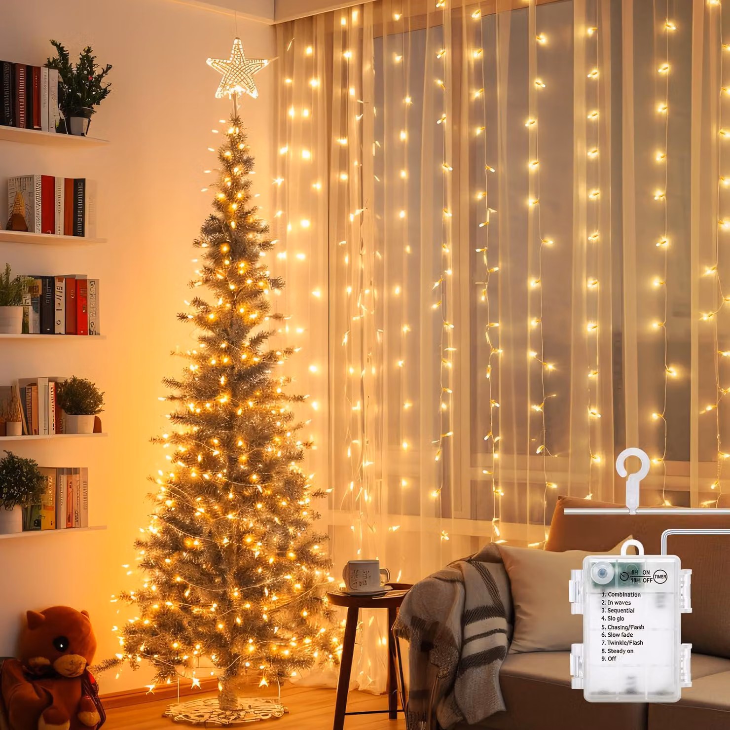 Tenda a LED, dimensioni 2x2 metri, 200 luci bianco caldo, timer, 8 modalità