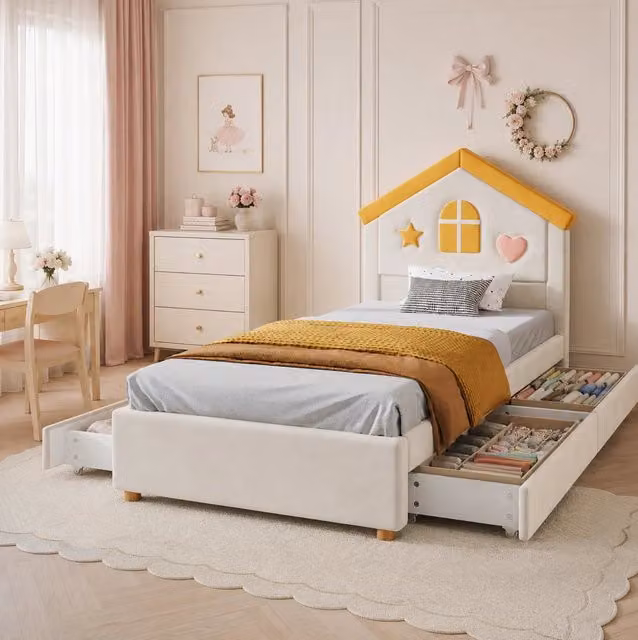 Letto per bambini imbottito 90x200 cm con testiera a casetta e 4 cassetti; velluto beige