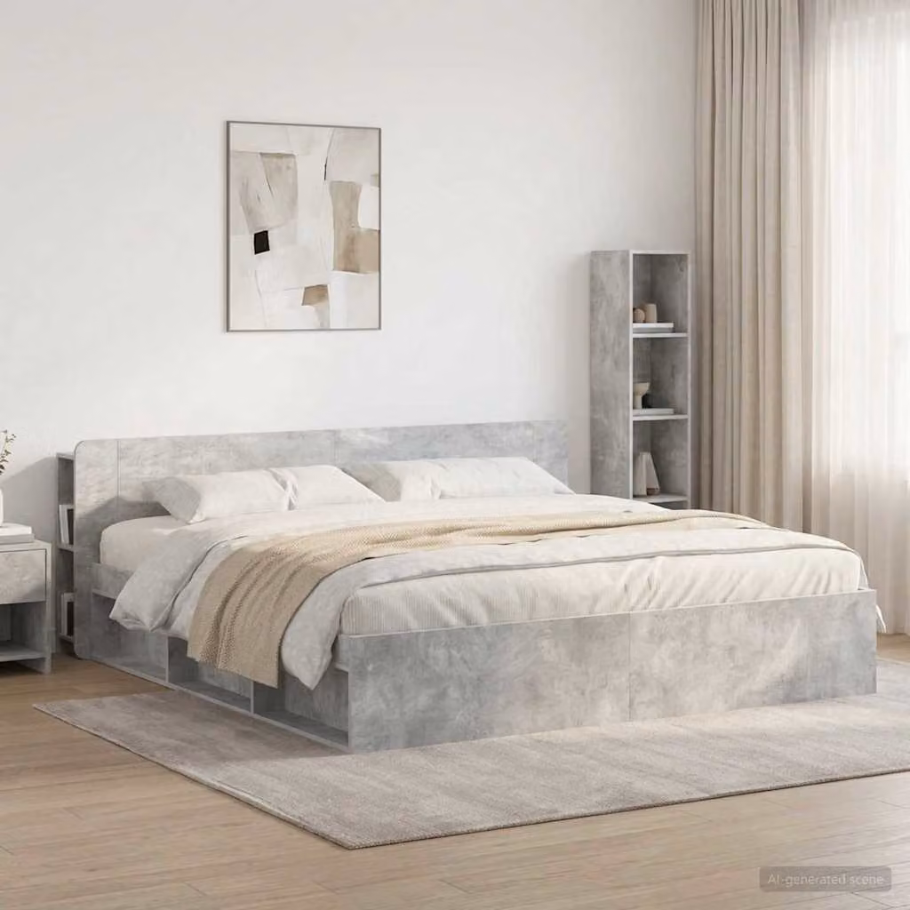 Testata del letto moderna vidaXL in legno ingegnerizzato Grigio Cemento con ripiano integrato e scomparti laterali
