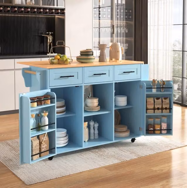 Carrello cucina con piano pieghevole e ruote blu 139 cm