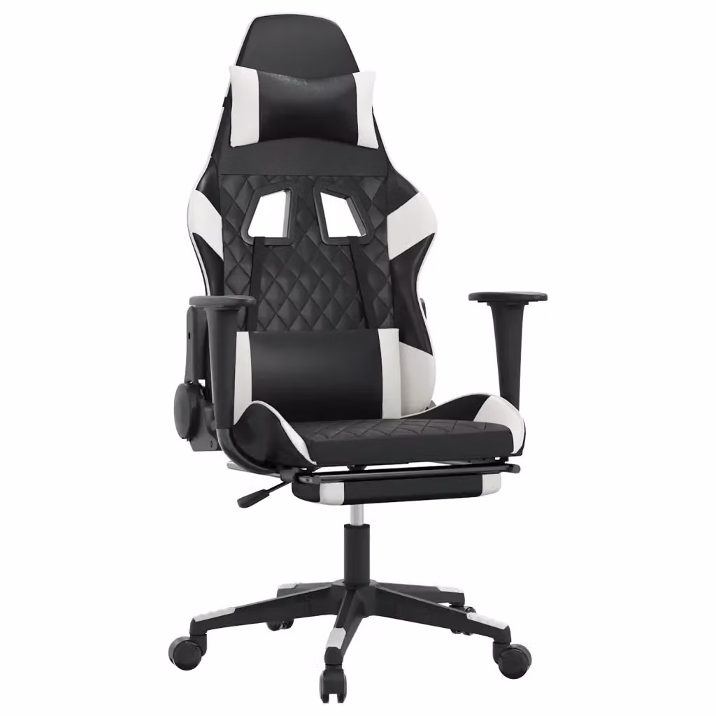 Sedia da Gaming vidaXL in Similpelle Nero e Bianco con Poggiapiedi e Schienale, Regolabile e Ruote – 2