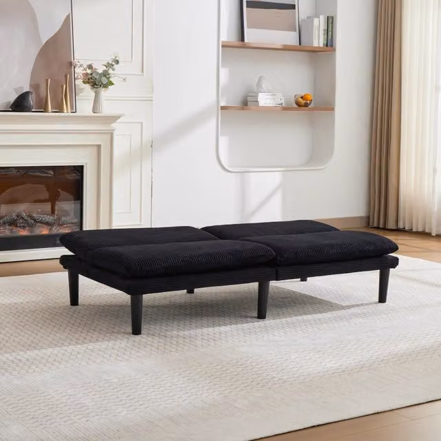 Divano 2 Posti Reclinabile ¨C MINIMAL ¨C Velluto Nero, Struttura in Legno, 106-140-180¡ã