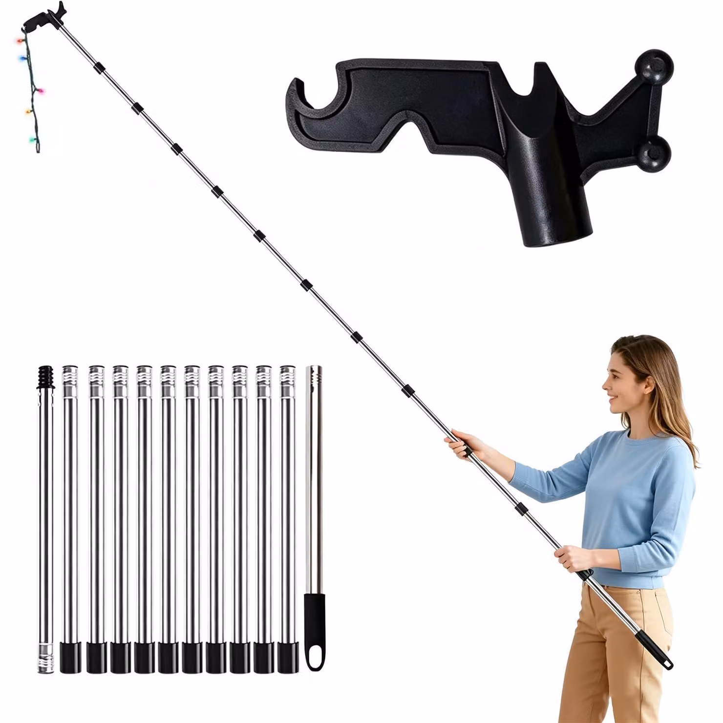 Tubo telescopico per luci decorative, da 0,8 a 4,6 m, colore nero