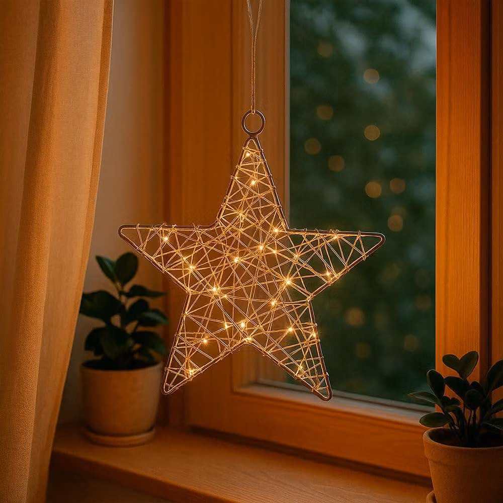 Stella luminosa a LED, diametro 24 cm, luce bianco caldo, con timer, 20 LED