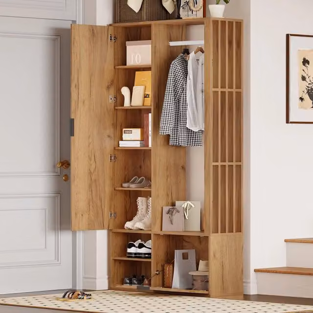 Mobile da ingresso con specchio, 2 armadietti, appendiabiti aperto e 9 vani, in truciolare naturale, 100 × 33 × 190 cm