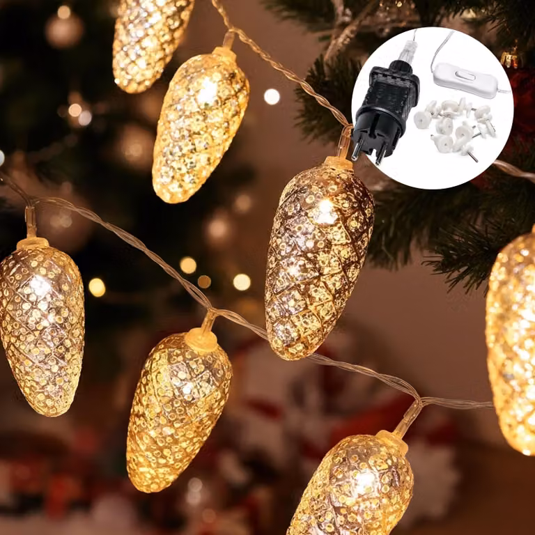 Catena luminosa da 6 metri, con 20 LED, luce bianco caldo, colore argento, alimentazione a spina o a batteria
