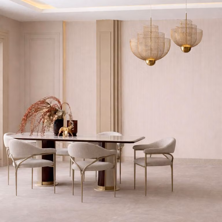 Set da pranzo beige: tavolo da pranzo rettangolare, sedie, mobili da pranzo moderni