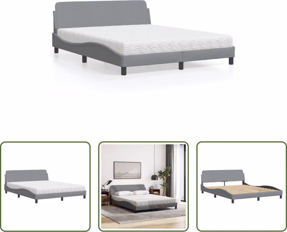 The Living Store Letto con materasso in tessuto grigio chiaro 160x200 cm