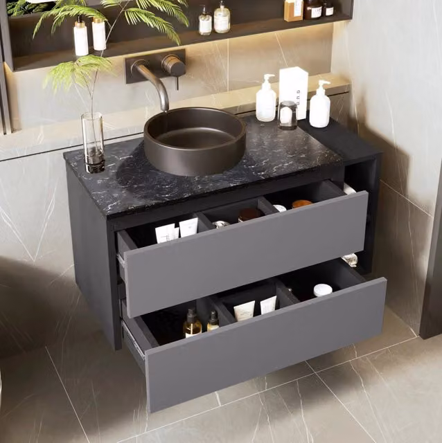 Mobile bagno ULEVR con lavabo rotondo nero in ceramica, cassetti e vano aperto, MDF nero e grigio
