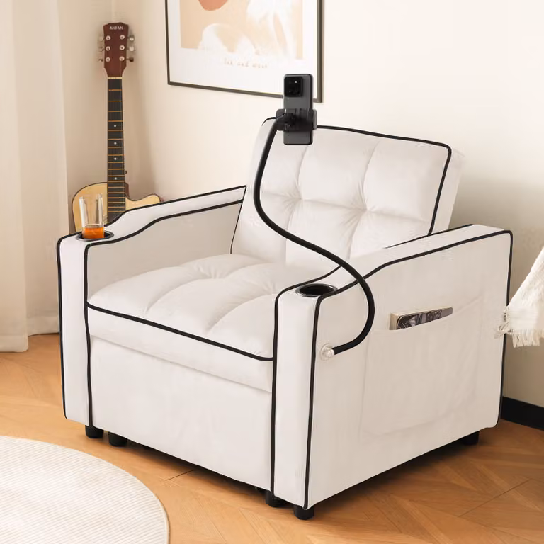okwish Divano letto singolo 3 in 1 - con portabicchieri e portacellulare, Divano-sedia, Dormiglione, Poltrona, ideale per piccoli spazi, 8316776 cm, Beige