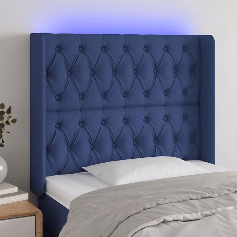 Testiera per letto vidaXL in tessuto blu con illuminazione LED integrata e porta di ricarica USB, L: 103 cm, P: 16 cm, H: 118-128 cm