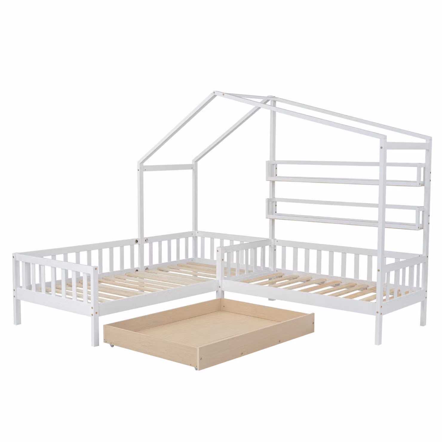 Letto per bambini Home Enjoy DE con struttura a L, cassetti e scaffali, Bianco, L/P/H: 200 x 90 x 183 cm + 140 x 70 cm – 2