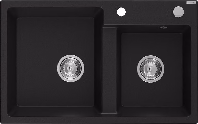 Mexen Tomas lavello da cucina in granito a 2 vasche 800 x 500 mm, nero, sifone cromato - 6516802000-77