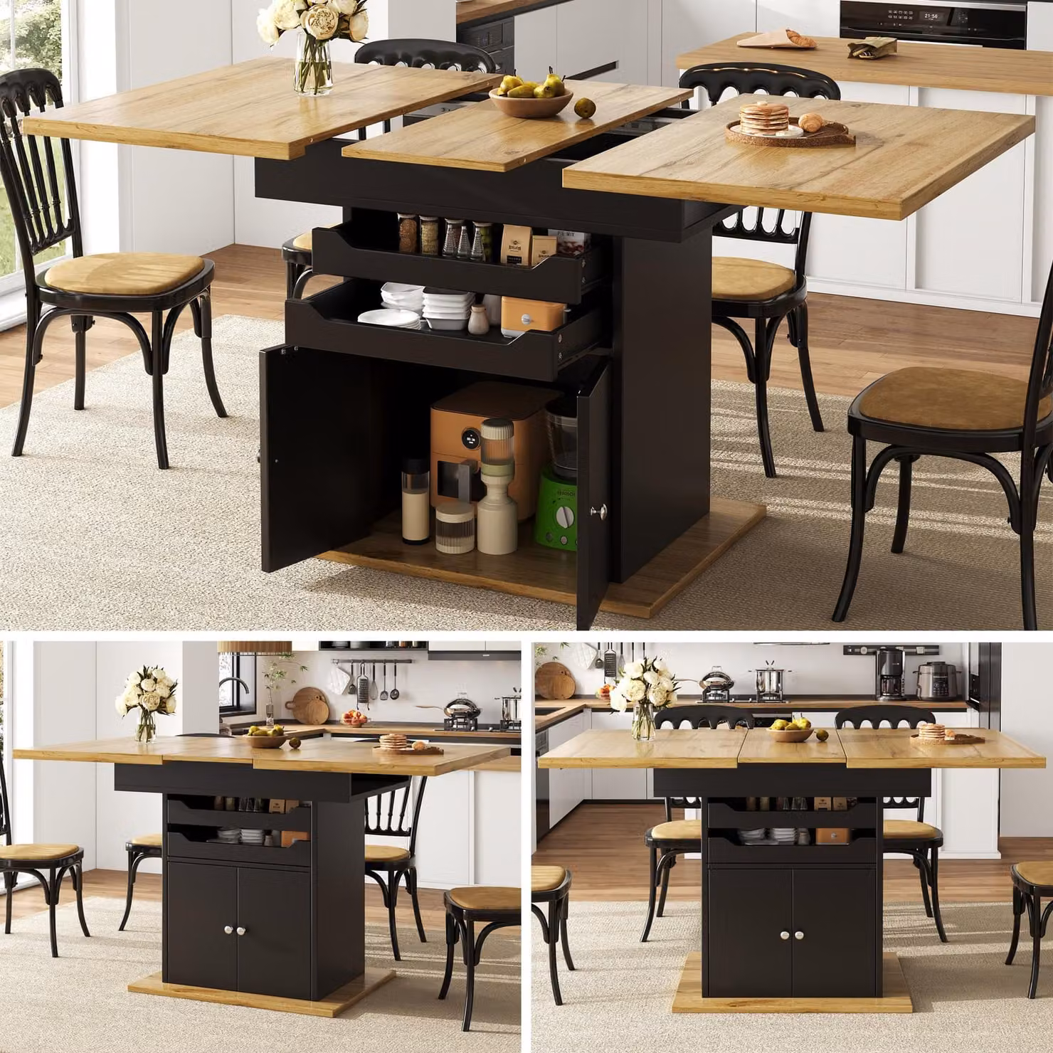 Tavolo da pranzo Sweiko telescopico (110-140×80 cm), tavolo da cucina pieghevole per 4-6 persone, tavolo da pranzo allungabile, tavolo da cucina salvaspazio, tavolo con due cassetti e un mobile contenitore