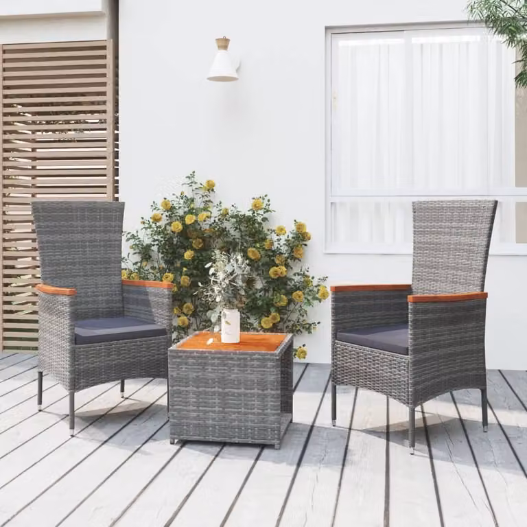 The Living Store Set da giardino 3 pz. Set da giardino in poly rattan grigio e legno massiccio di acacia
