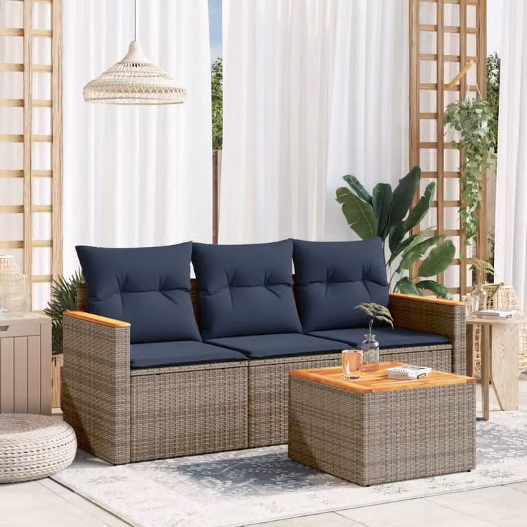 Set da giardino vidaXL composto da 4 pezzi con divani da esterno, tavolino e cuscini, in rattan e metallo, colore grigio e blu