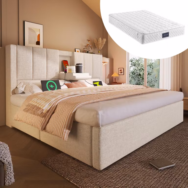 MODFU Letto imbottito con materasso 160x200 Struttura letto matrimoniale con portabicchieri e stazione di ricarica, Telaio letto idraulico in lino, Beige