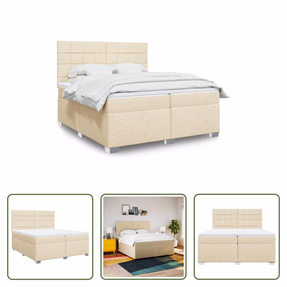The Living Store Letto a molle con materasso crema 200x200 cm in tessuto