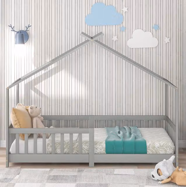 Letto a Casetta per Bambini in Legno di Pino con Spondine di Protezione 200x90 cm Grigio