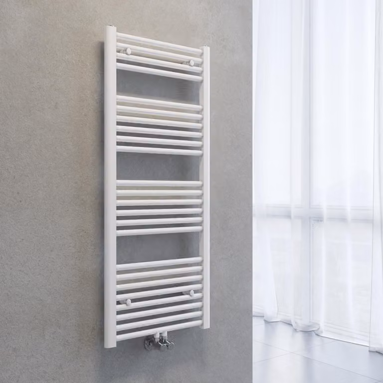 Radiatore asciuga-asciugamani SONNI, dimensioni 1200 x 500 mm, colore bianco, sistema di riscaldamento ad acqua calda, senza resistenza elettrica