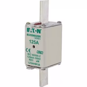 Inserto fusibile Eaton, bassa tensione, 125 A, CA 500 V, 120 kA, NH1, aM, IEC, doppio indicatore di stato, linguetta di azionamento sotto tensione 125NHM1B