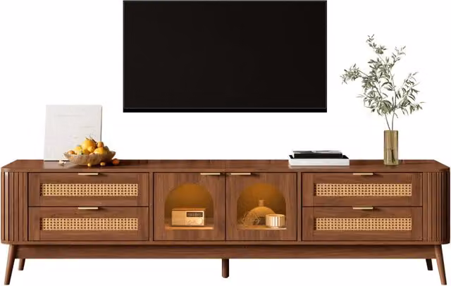Mobile TV con 4 cassetti, ante in vetro di sicurezza curvato, LED controllabili via APP, gambe in legno massello, pannello truciolare