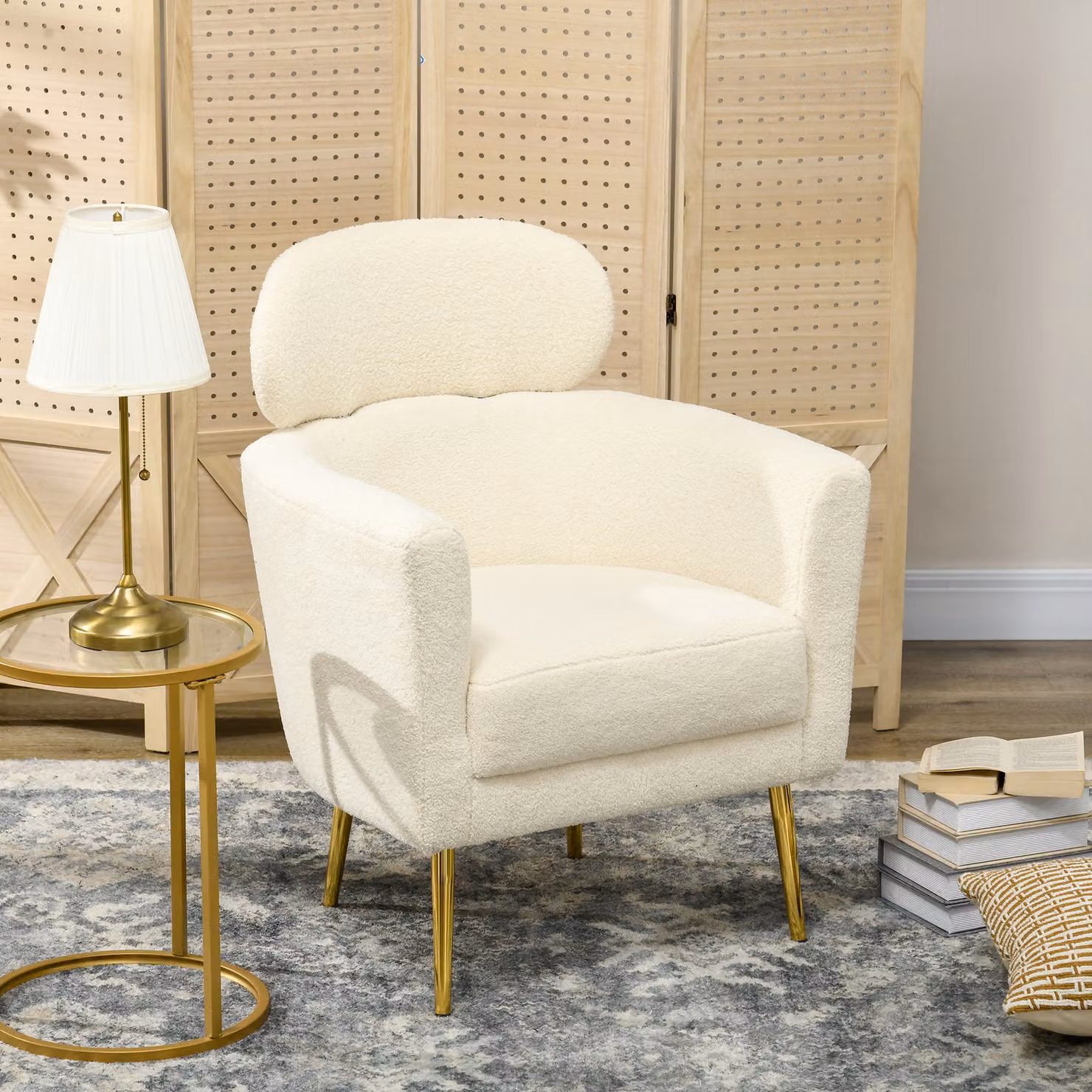 Poltrona da salotto HOMCOM in tessuto bouclé beige con poggiatesta rimovibile e piedi in metallo, L: 65 cm, P: 71 cm, H: 90 cm – 2