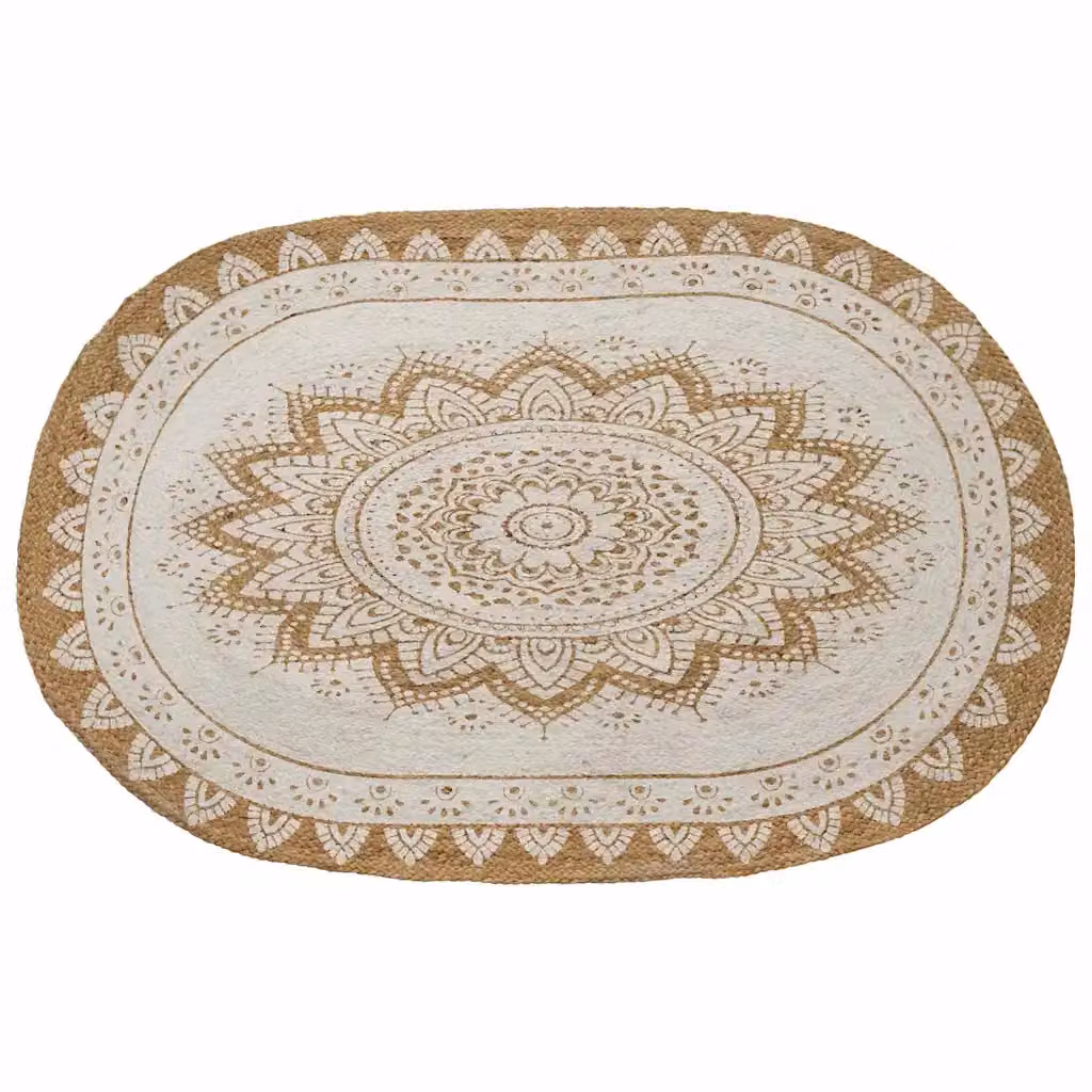 Tappeto in juta vidaXL con stampa floreale bianca e beige, modello moderno e antiscivolo, L: 100 cm x P: 152 cm
