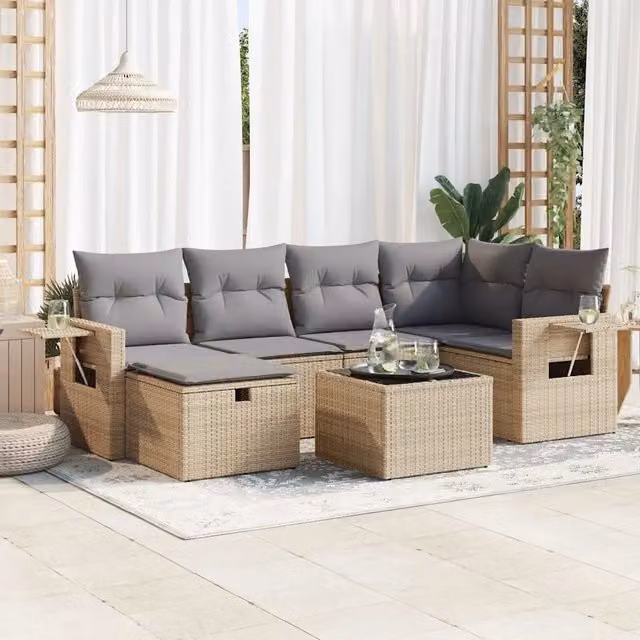 Set da giardino moderno vidaXL composto da 7 pezzi con divano angolare a L, poltrone, pouf e tavolino, colore beige e grigio con cuscini inclusi