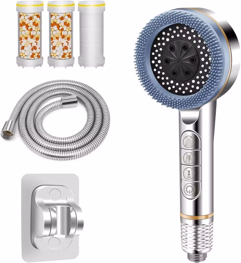Doccia con 5 diverse modalità di erogazione, dotata di filtro, tubo flessibile da 1,5 metri, colore argento, per bagno