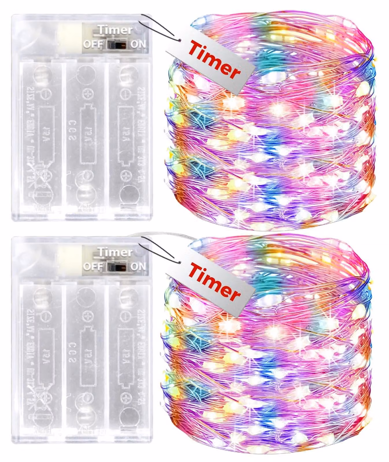 Catena luminosa da 10 metri, 100 LED, alimentazione a batteria, timer, grado di protezione IP65, set da 2, multicolore