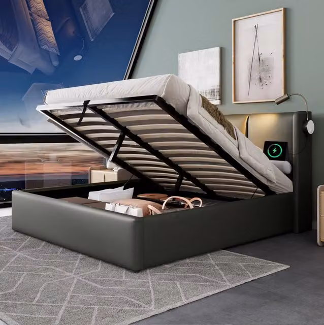 Letto matrimoniale ULEVR 180x200 cm con contenitore idraulico, lampada da lettura e 2 USB, grigio in PU