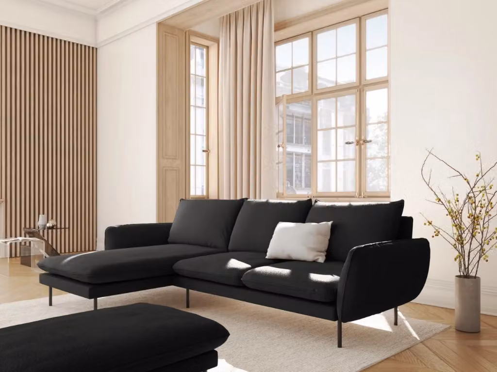 Divano angolare sinistro Vienna di Cosmopolitan Design, modello a 5 posti in bouclé nero con design moderno – 2