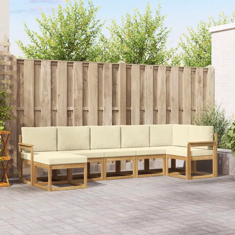 vidaXL Set di divani da esterno a L composto da 7 pezzi in legno di acacia con cuscini in poliestere bianco e beige