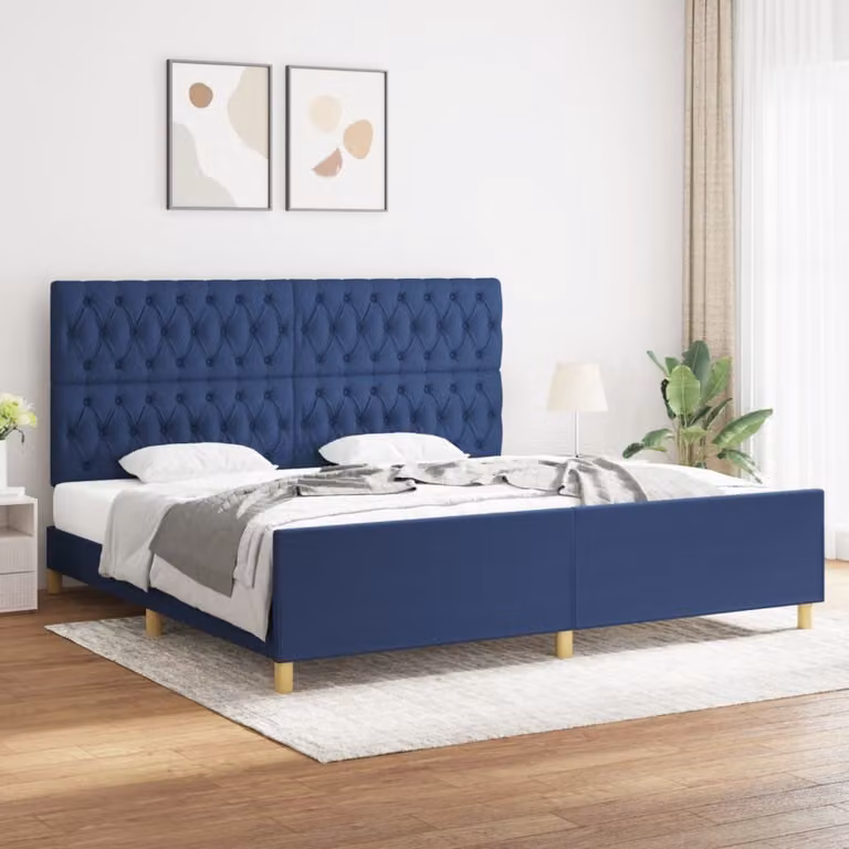 The Living Store Struttura letto con testiera blu 200x200 cm in tessuto