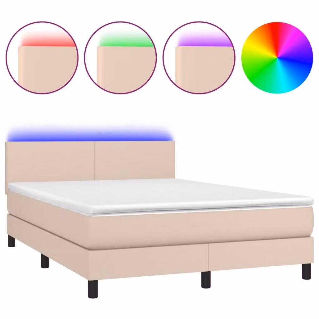Giroletto Molle Materasso e LED Cappuccino 140x190cm Pelle finta