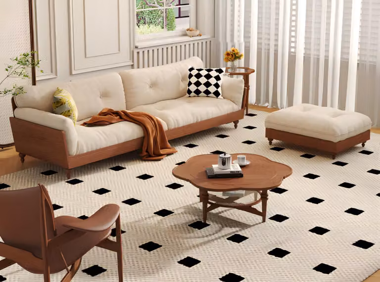 Set da salotto di design: divano 3+1 posti beige e tavolino da salotto, 3 pezzi