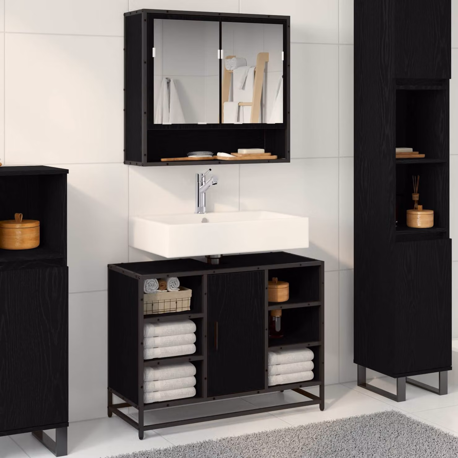 Set di mobili per il bagno moderno vidaXL composto da mobile lavabo e armadietto con specchio in rovere e nero – 1